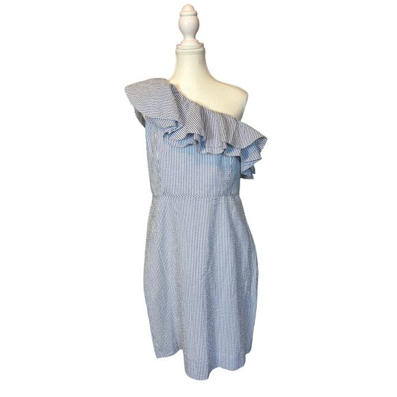 J. Crew | (NWT) 100% Cotton Pinstriped One Shoulder Classic Sheath Dress | 12 - Picture 1 of 15